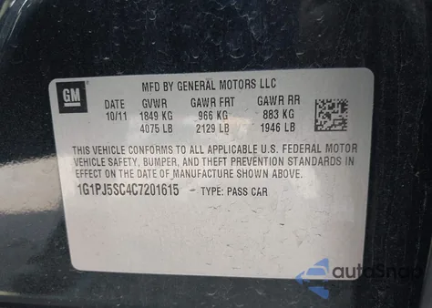 2012 Chevrolet Cruze Eco из США, поврежденный, VIN 1G1PJ5SC4C7201615